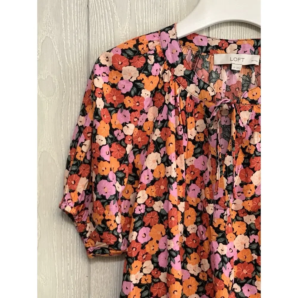 LOFT Petites Orange Purple Puff Sleeve Tie Neck Top SP